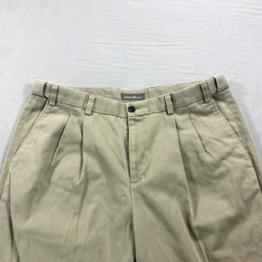Eddie Bauer Pants Mens 38x27 Khaki Relaxed Fit Pleated Cuffed Chino Casual Dress